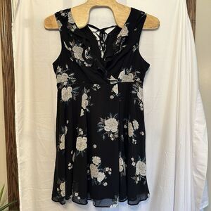 Torrid Size 20 Mini Black Floral‎ Chiffon Skater Mini Dress Gold FOIL